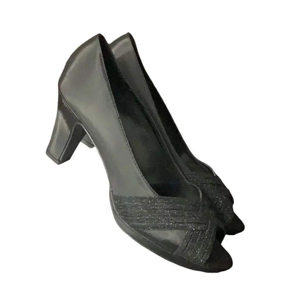 Easy Street Alive 5 Black Satin Glitter Peep Toe Womens Pumps Party Size 9.5 NEW - Picture 3 of 8